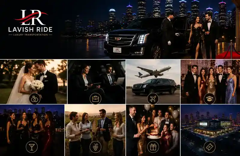 Types of events that commonly use chauffeur services in Houston including weddings, corporate events, airport transfers, nightlife, and private celebrations with luxury transportation options